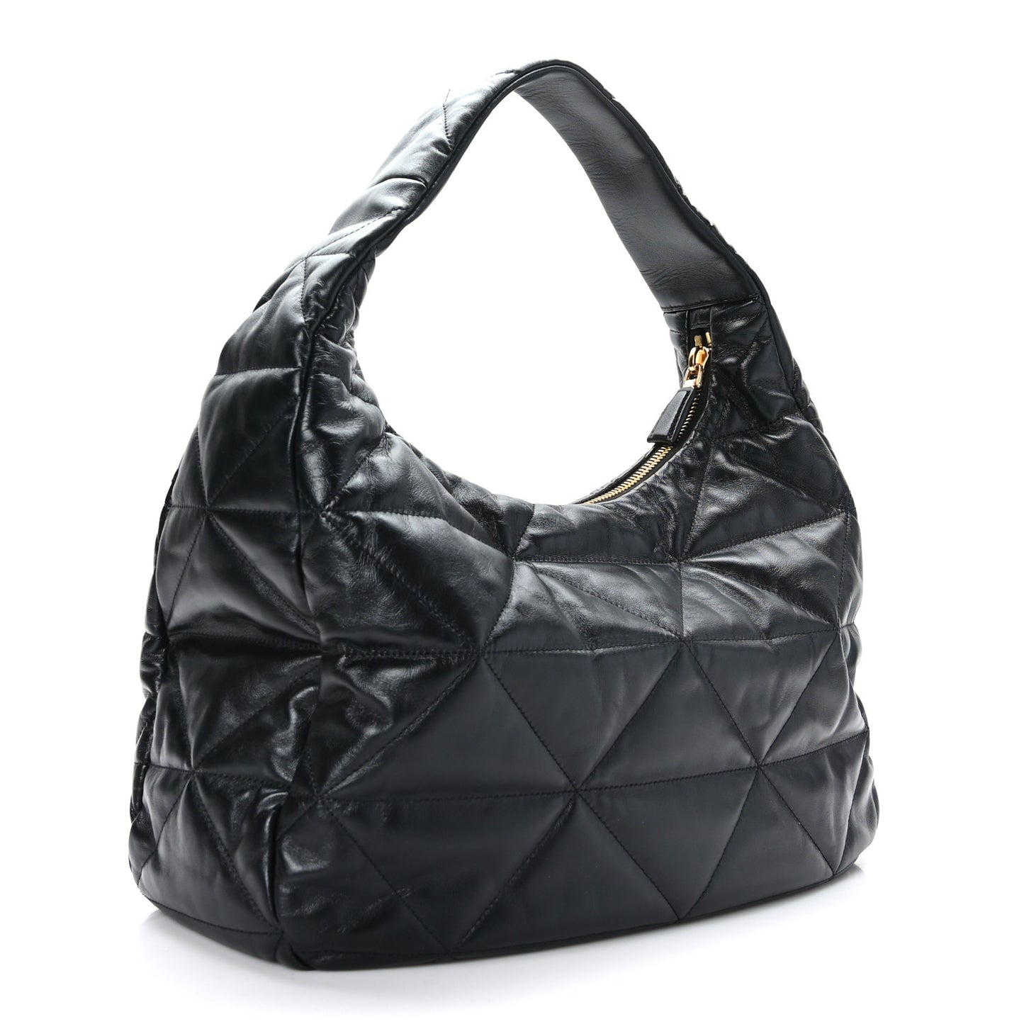 Nappa Triangle Stitched Patchwork Large Zippered Hobo Bag Black