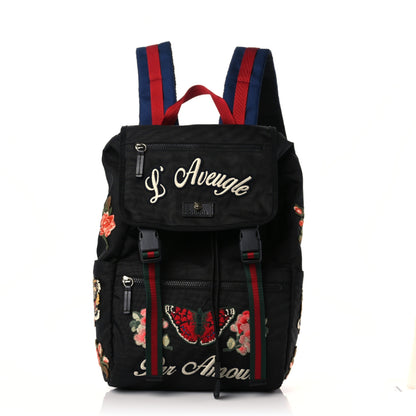 Gucci Techno Canvas Web L'Aveugle Par Amour Embroidered Double Buckle Backpack Black 1 of 11