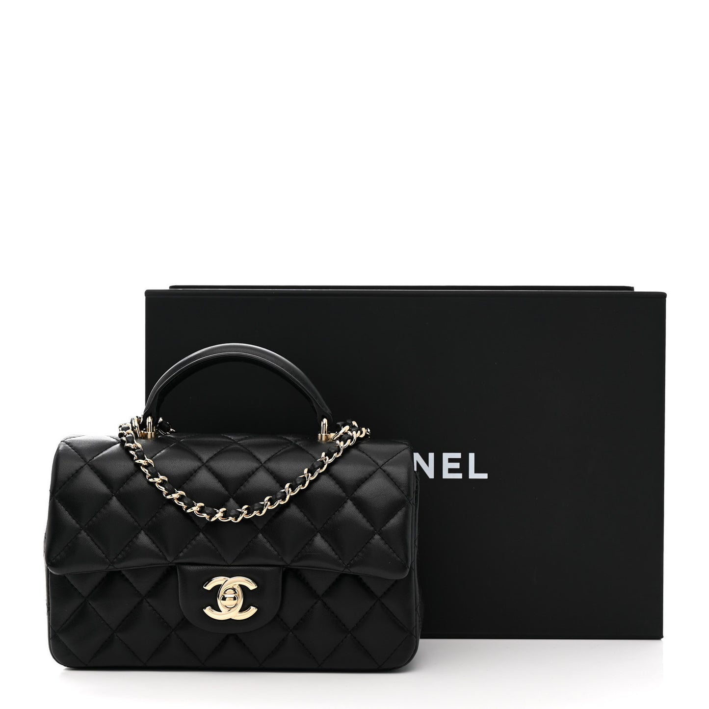 Lambskin Quilted Mini Top Handle Rectangular Flap Black
