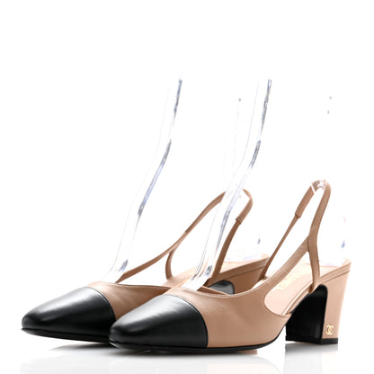 Chanel Lambskin Cap Toe CC Slingback Pumps 40.5 Dark Beige Black 4 of 11