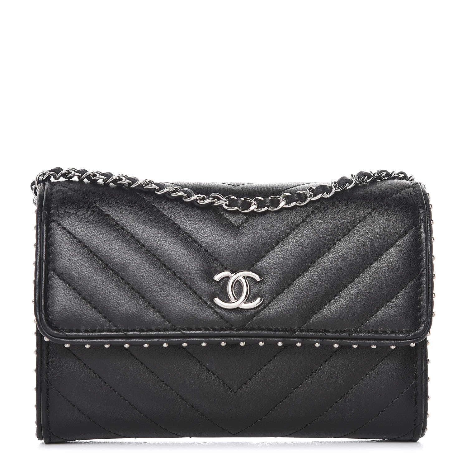 Chanel Lambskin Chevron Quilted Studded Clutch With Chain WOC Black 1 of 11