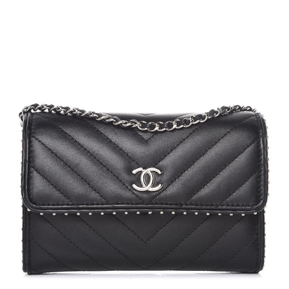 Chanel Lambskin Chevron Quilted Studded Clutch With Chain WOC Black 1 of 11
