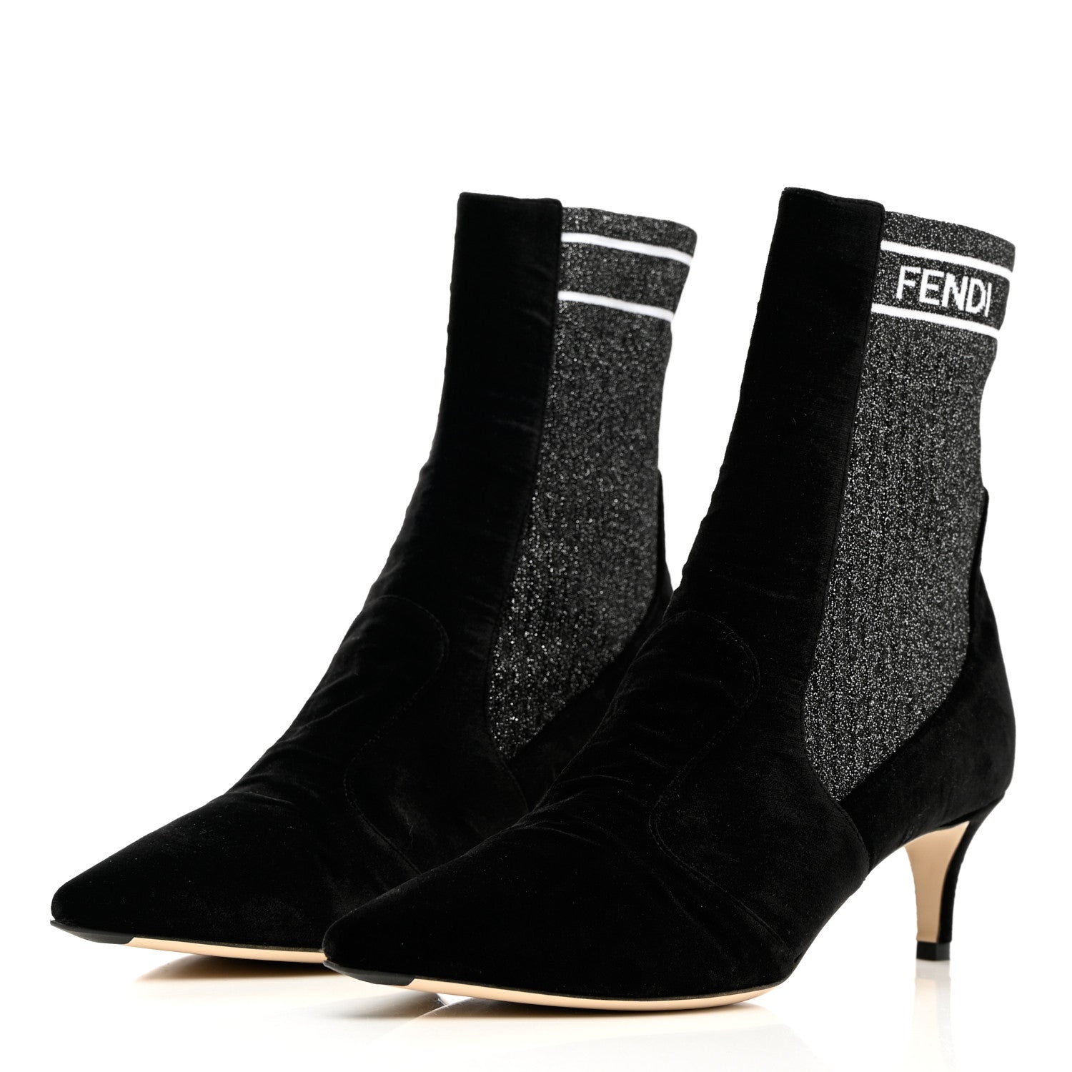 Fendi Velvet Lurex Rockoko Low Heel Sock Boots 39.5 Black 3 of 10