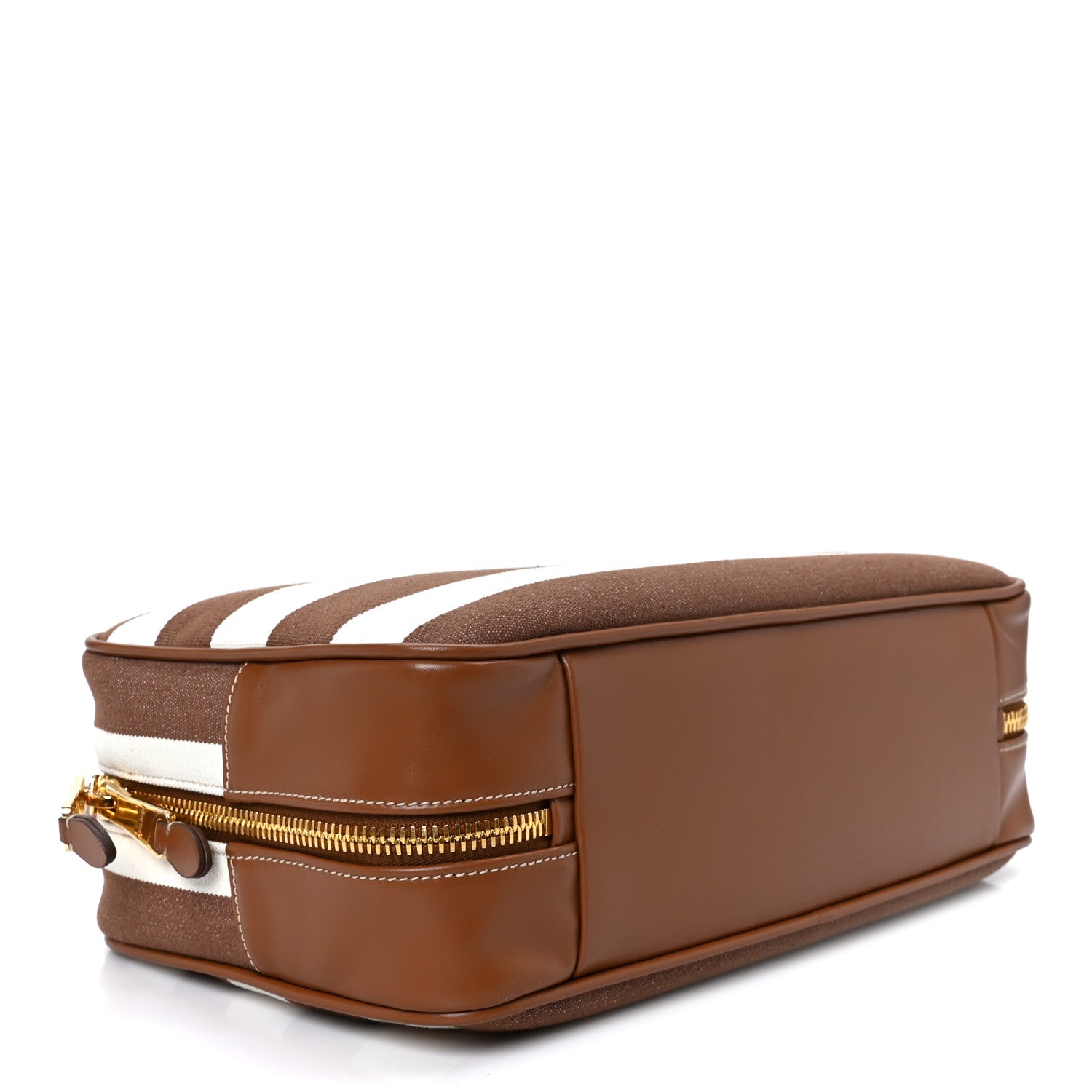 Miu Miu Canvas Calfskin Striped Large Beau Top Handle Bag Naturale Brandy 3 of 8