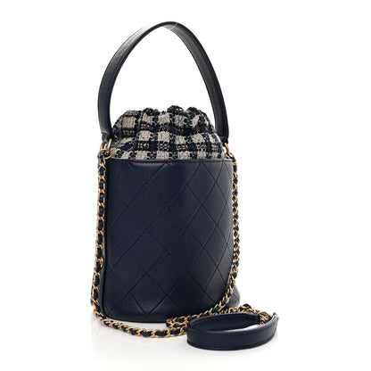 Chanel Calfskin Tweed Medium CC Chain Bucket Drawstring Bag Navy Blue Multicolor 3 of 10