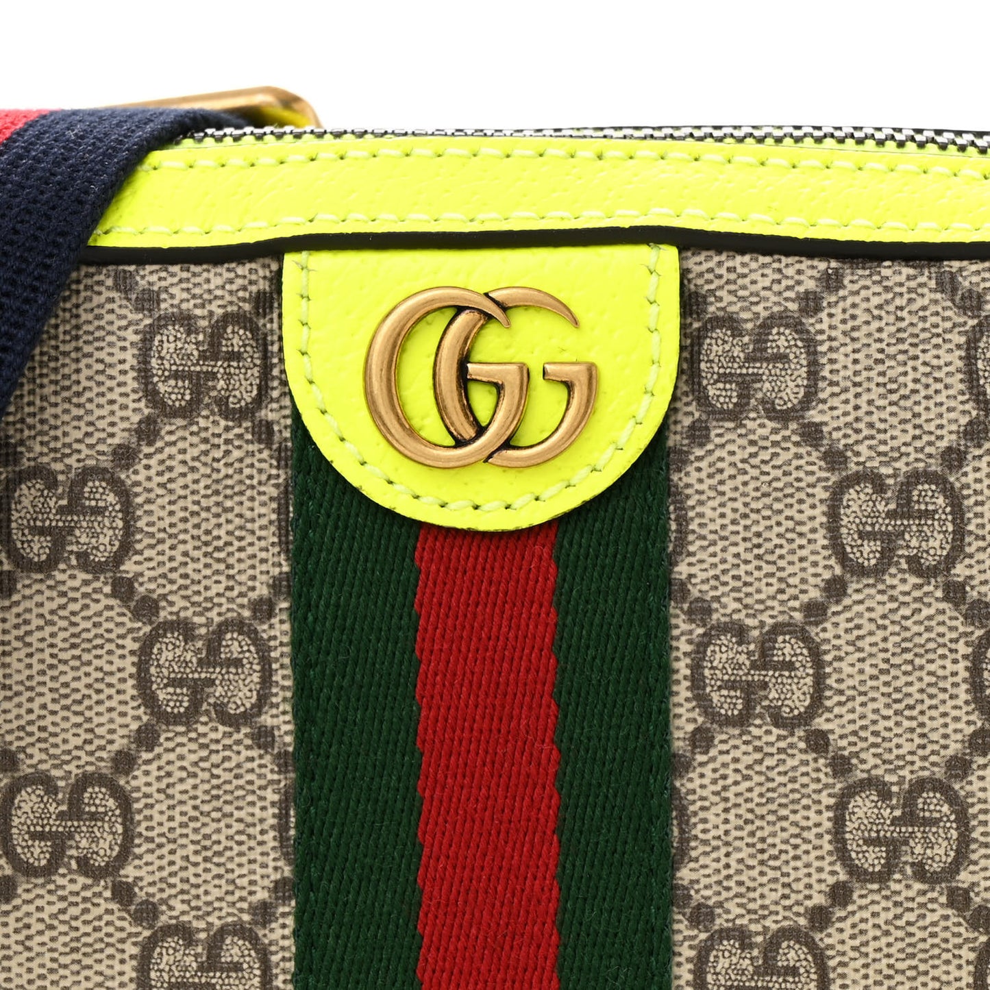 GG Supreme Monogram Textured Dollar Calfskin Web Ophidia Wristlet Shoulder Bag Beige Ebony Yellow