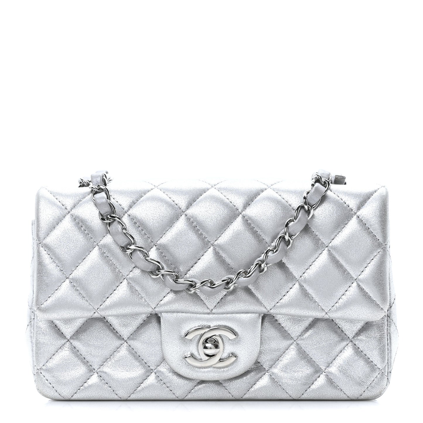 Metallic Lambskin Quilted Mini Rectangular Flap Silver