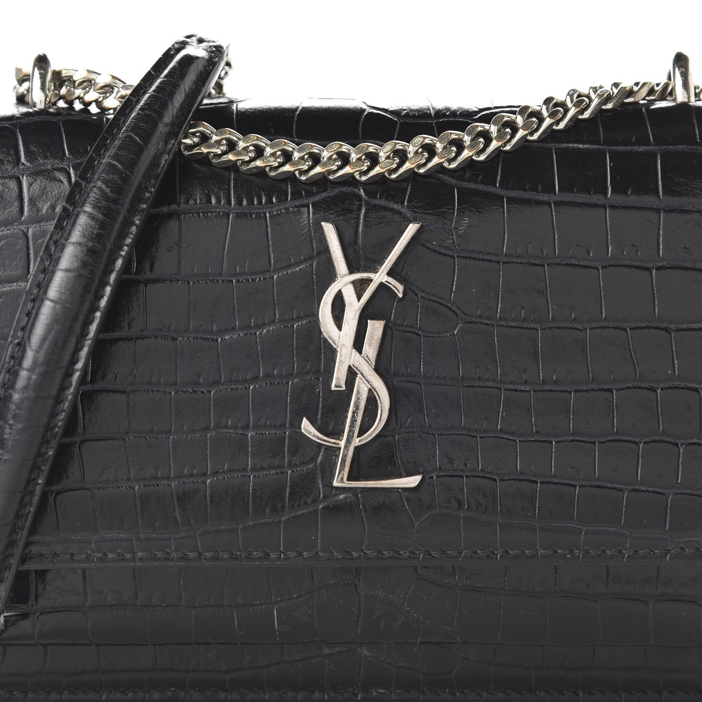 Calfskin Crocodile Embossed Monogram Sunset Chain Wallet Black