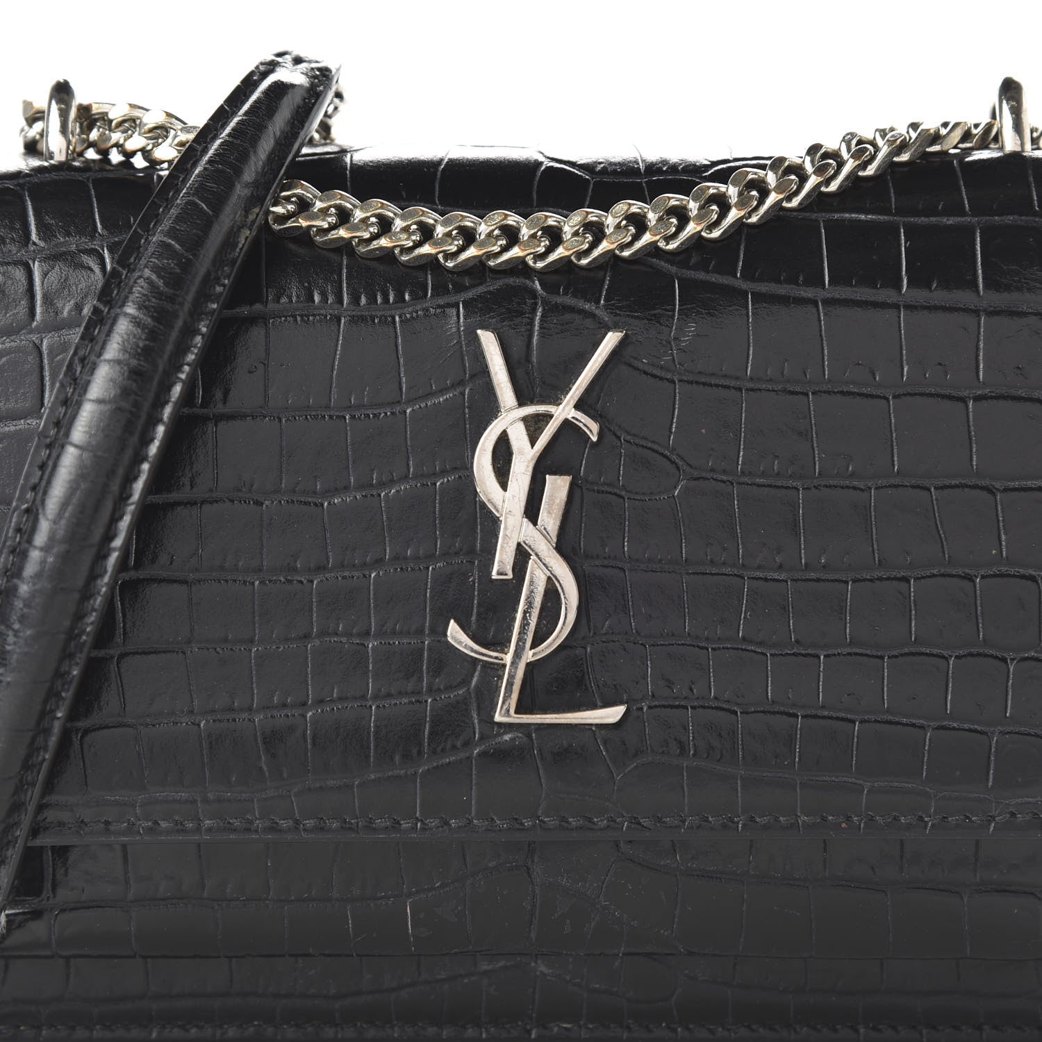 Saint Laurent Calfskin Crocodile Embossed Monogram Sunset Chain Wallet Black 9 of 9