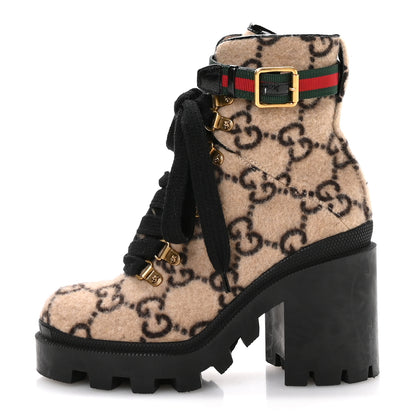 Gucci Covered Wool GG Monogram Womens Lace Up Combat Ankle Boots 35 Beige Ebony Black 1 of 8