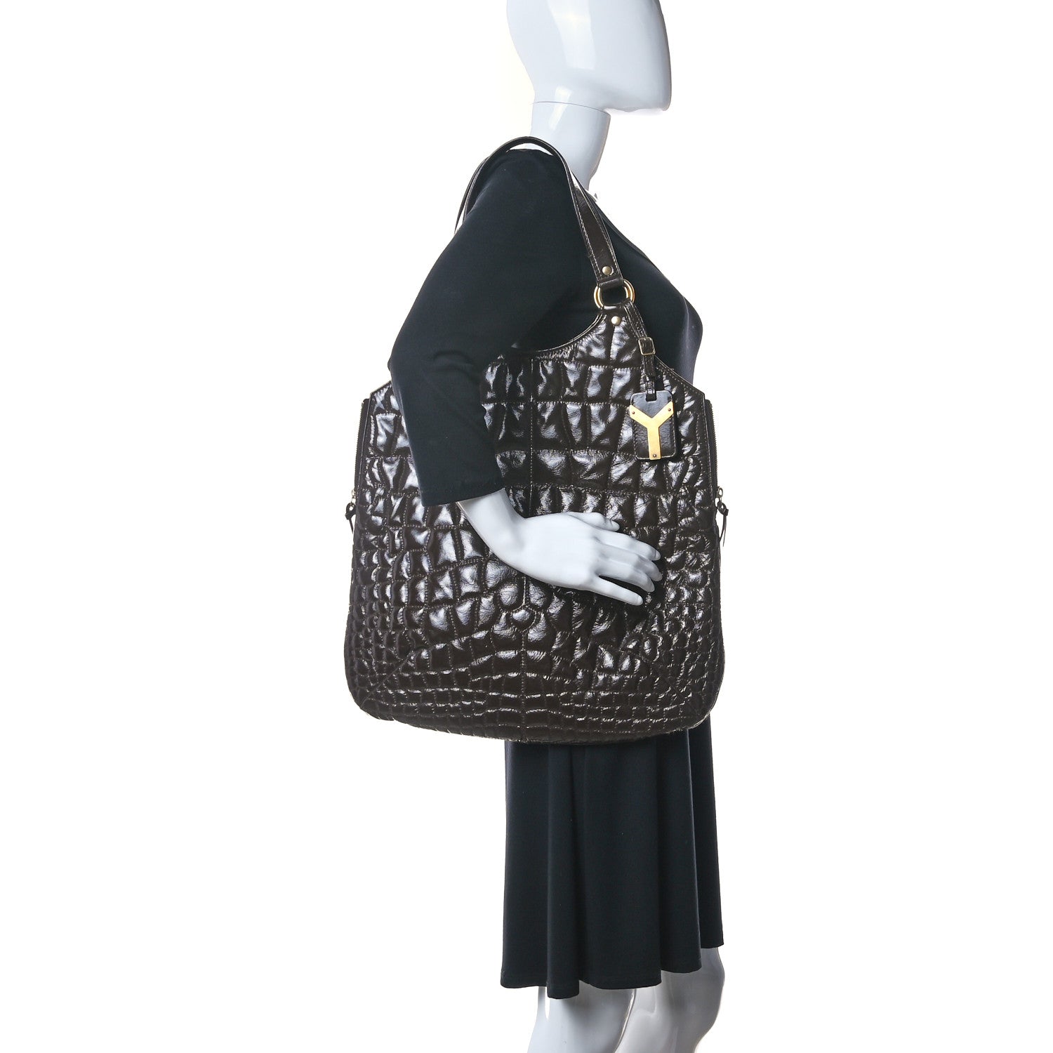 Saint Laurent Patent Crocodile Embossed Tribute Tote Brown 2 of 23