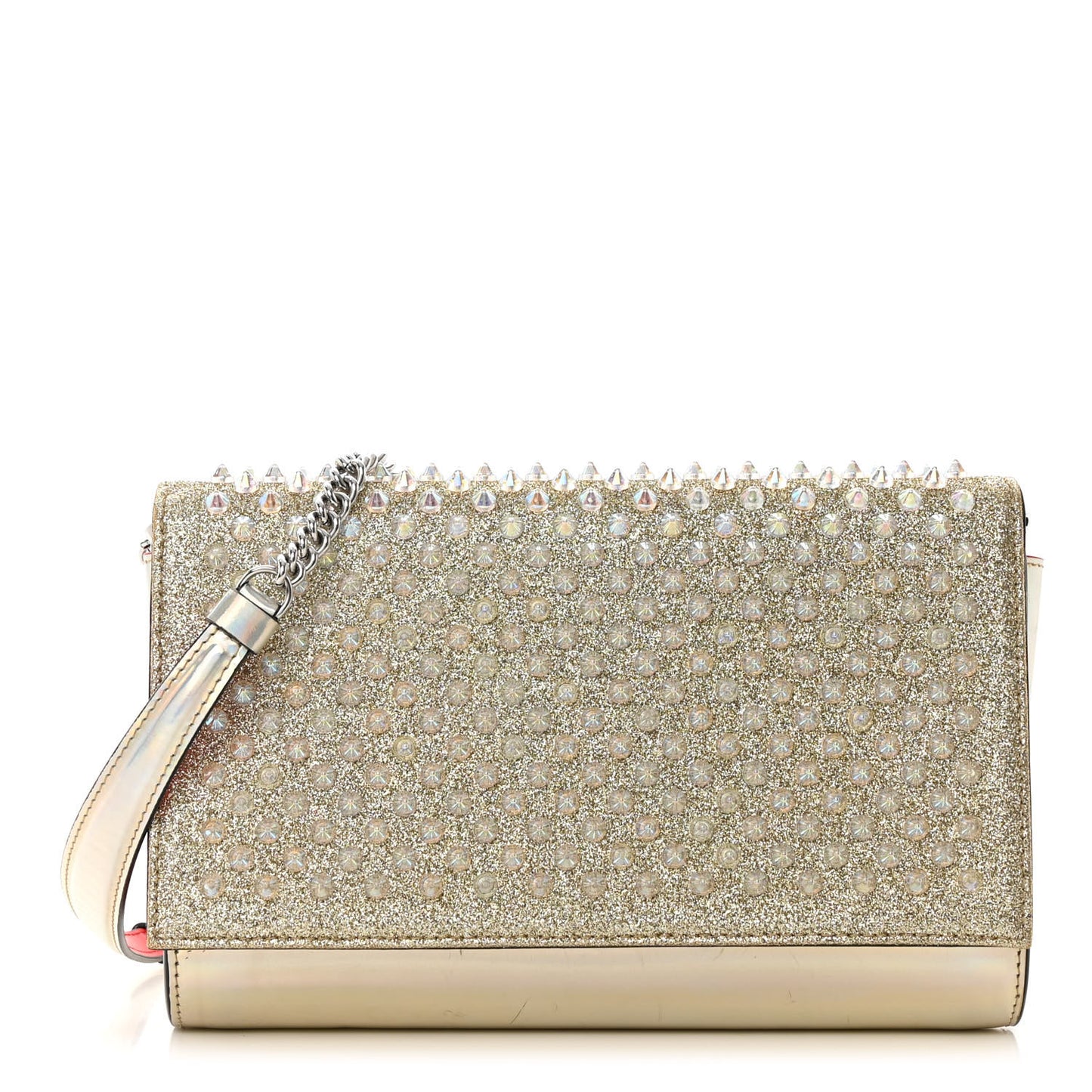 Metallic Glitter Patent Calfskin Spikes Boudoir Chain Wallet Silver