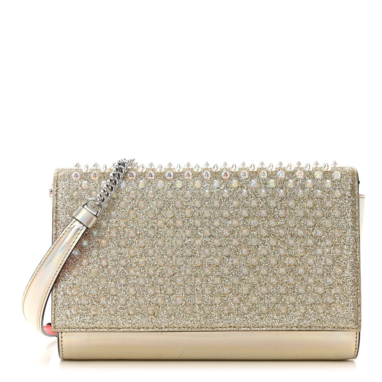 Christian Louboutin Metallic Glitter Patent Calfskin Spikes Boudoir Chain Wallet Silver 1 of 17