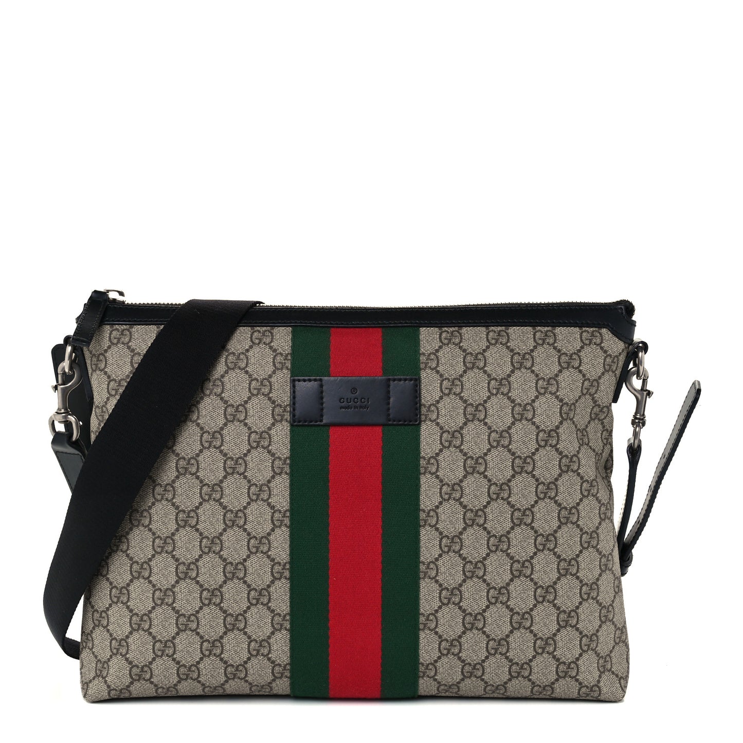 GG Supreme Monogram Calfskin Web Medium Flat Messenger Bag Beige Ebony Black