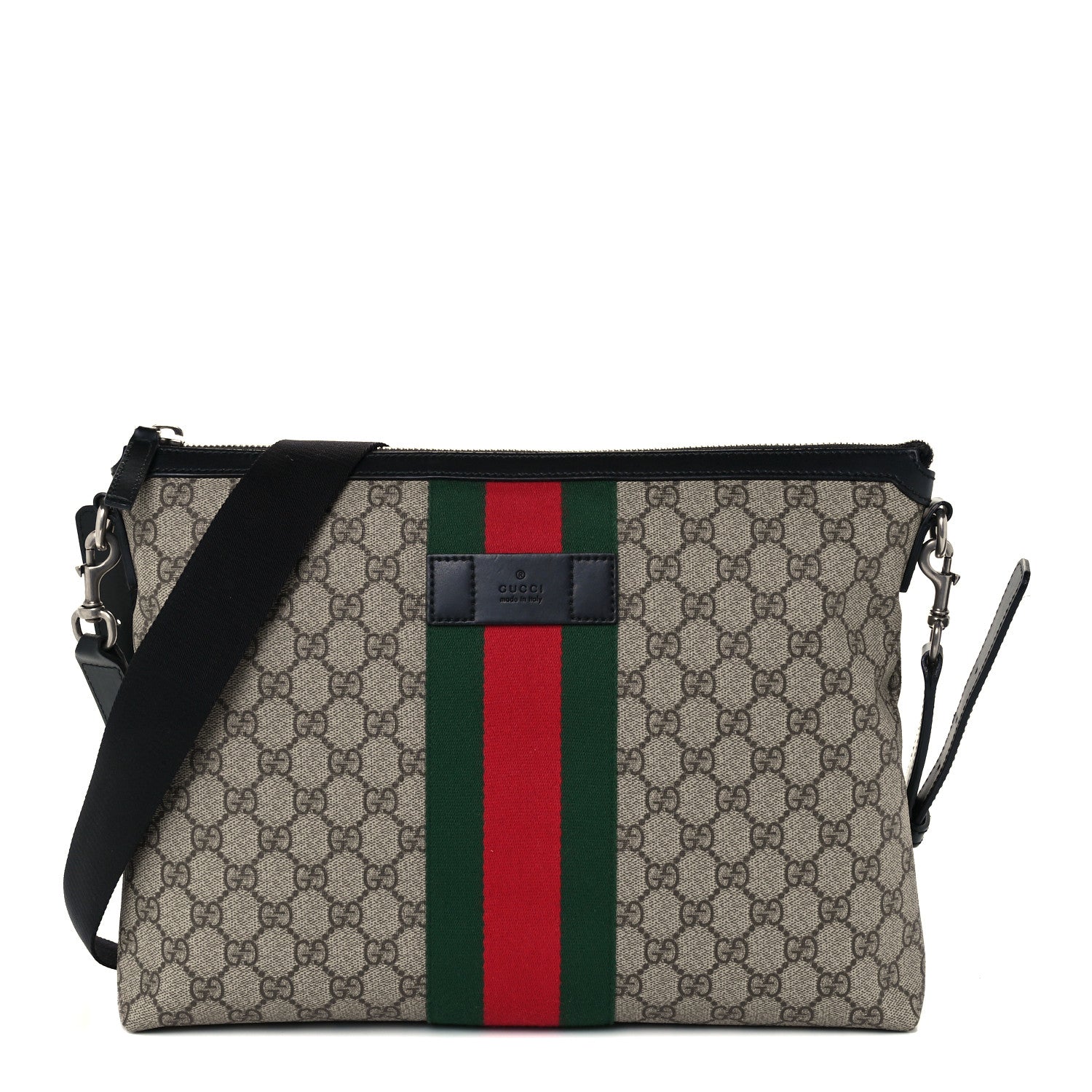 Gucci GG Supreme Monogram Calfskin Web Medium Flat Messenger Bag Beige Ebony Black 1 of 13
