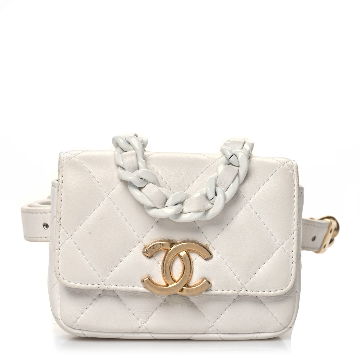 Lambskin Lacquered Metal Quilted Flap Chain Belt Bag White
