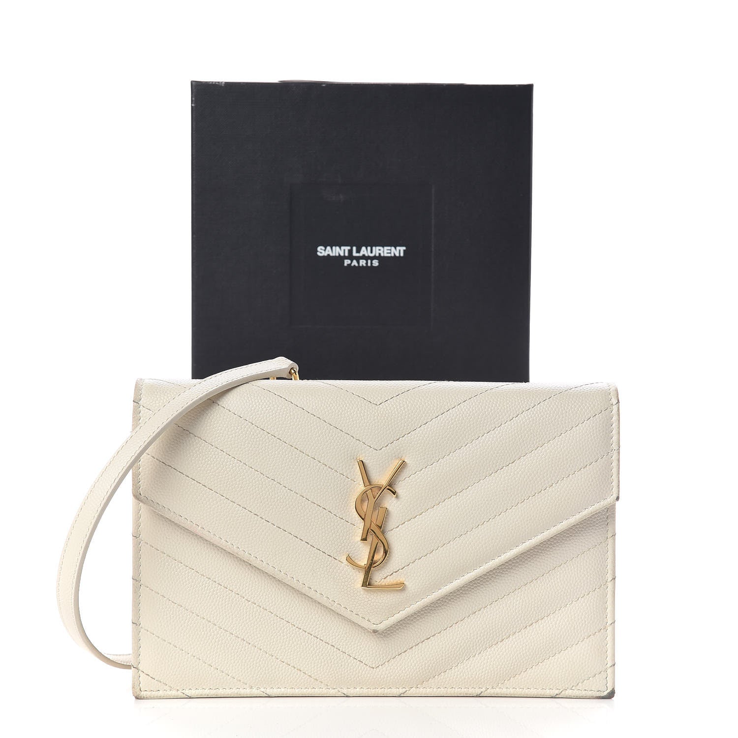 Saint Laurent Grain De Poudre Matelasse Chevron Monogram Envelope Chain Wallet Porcellana 14 of 14
