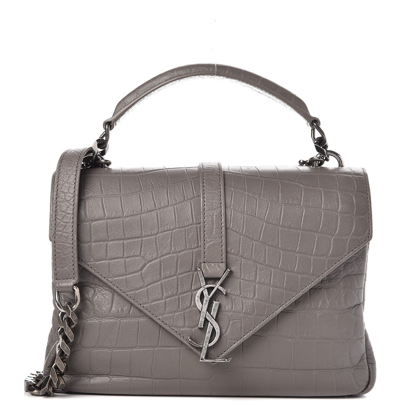 Calfskin Crocodile Embossed Medium College Monogram Satchel Gray