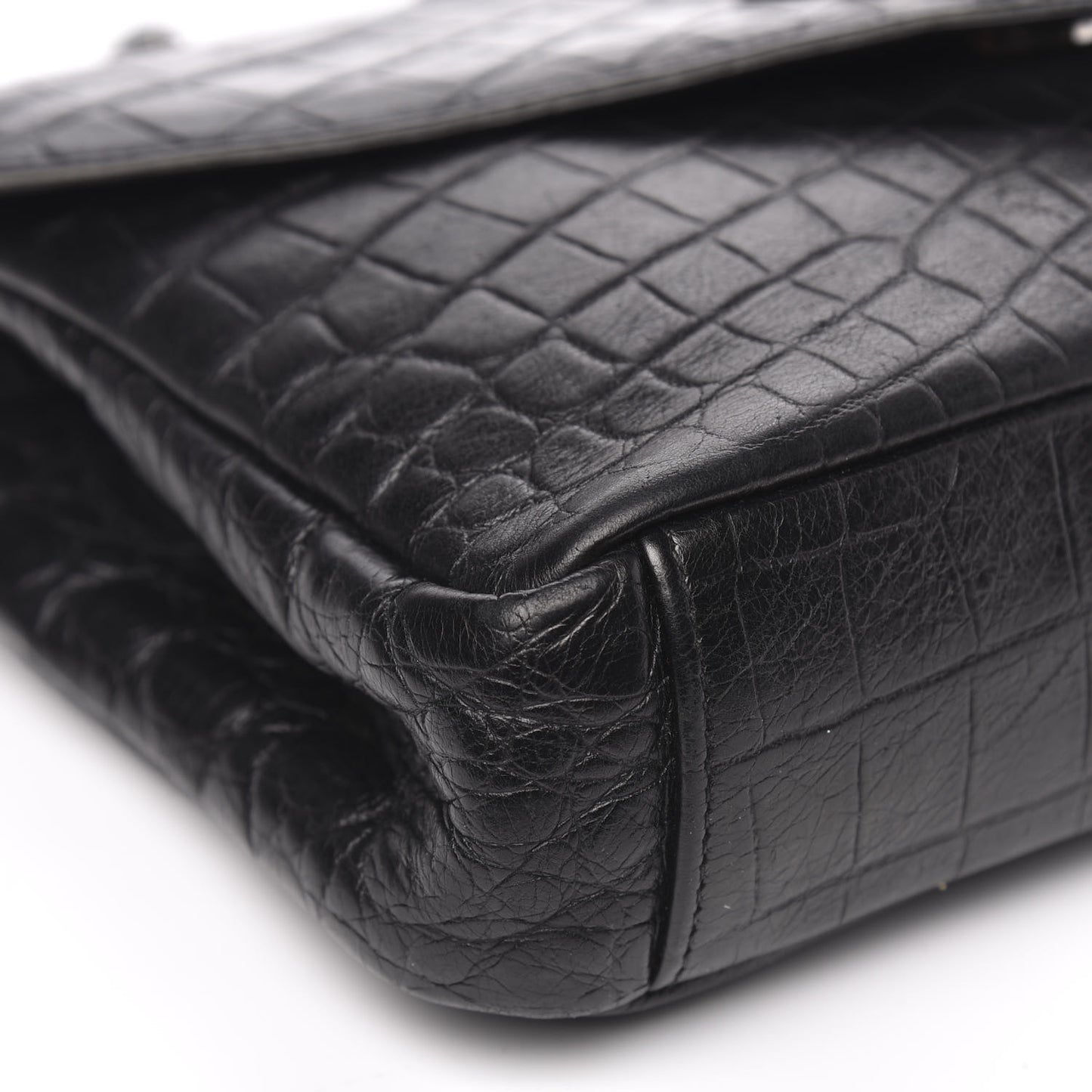 Calfskin Crocodile Embossed Medium College Monogram Satchel Black