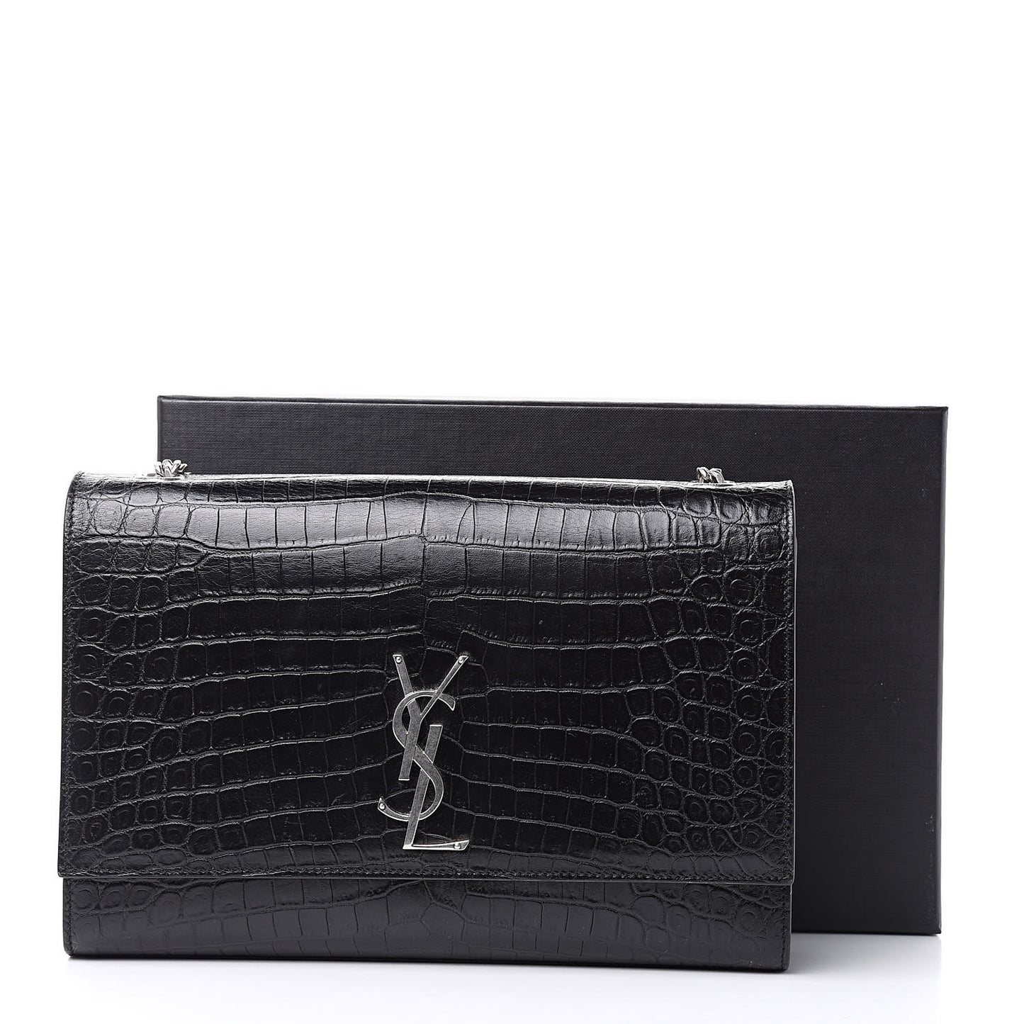 Calfskin Crocodile Embossed Large Classic Monogram Kate Satchel Black