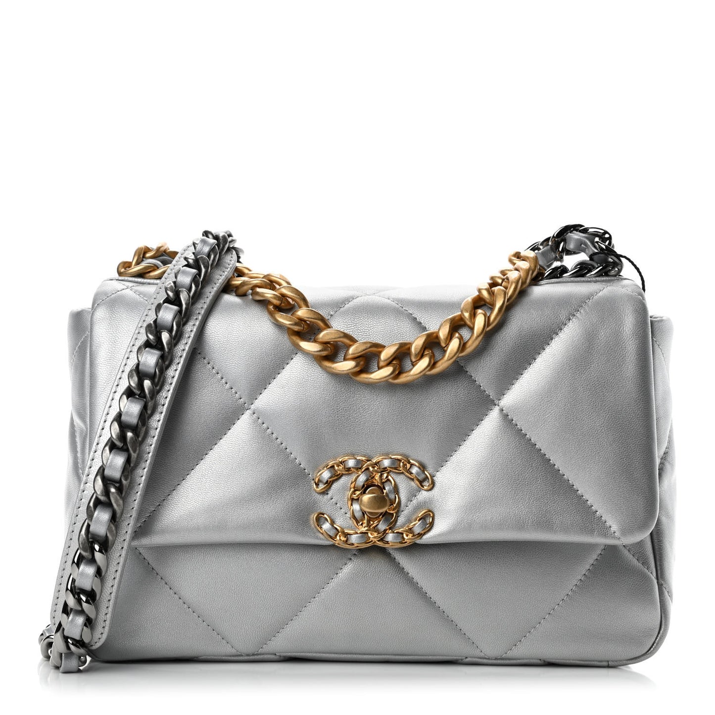 Metallic Goatskin Quilted Medium Chanel 19 Flap Silver