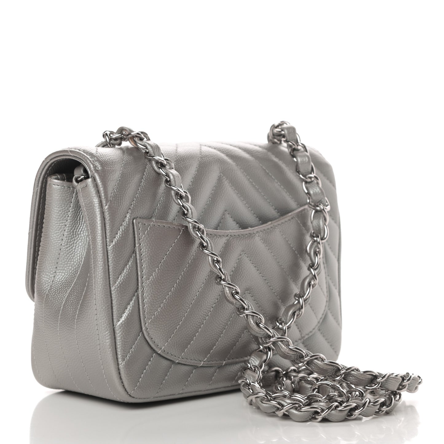 Metallic Caviar Chevron Quilted Mini Square Flap Silver