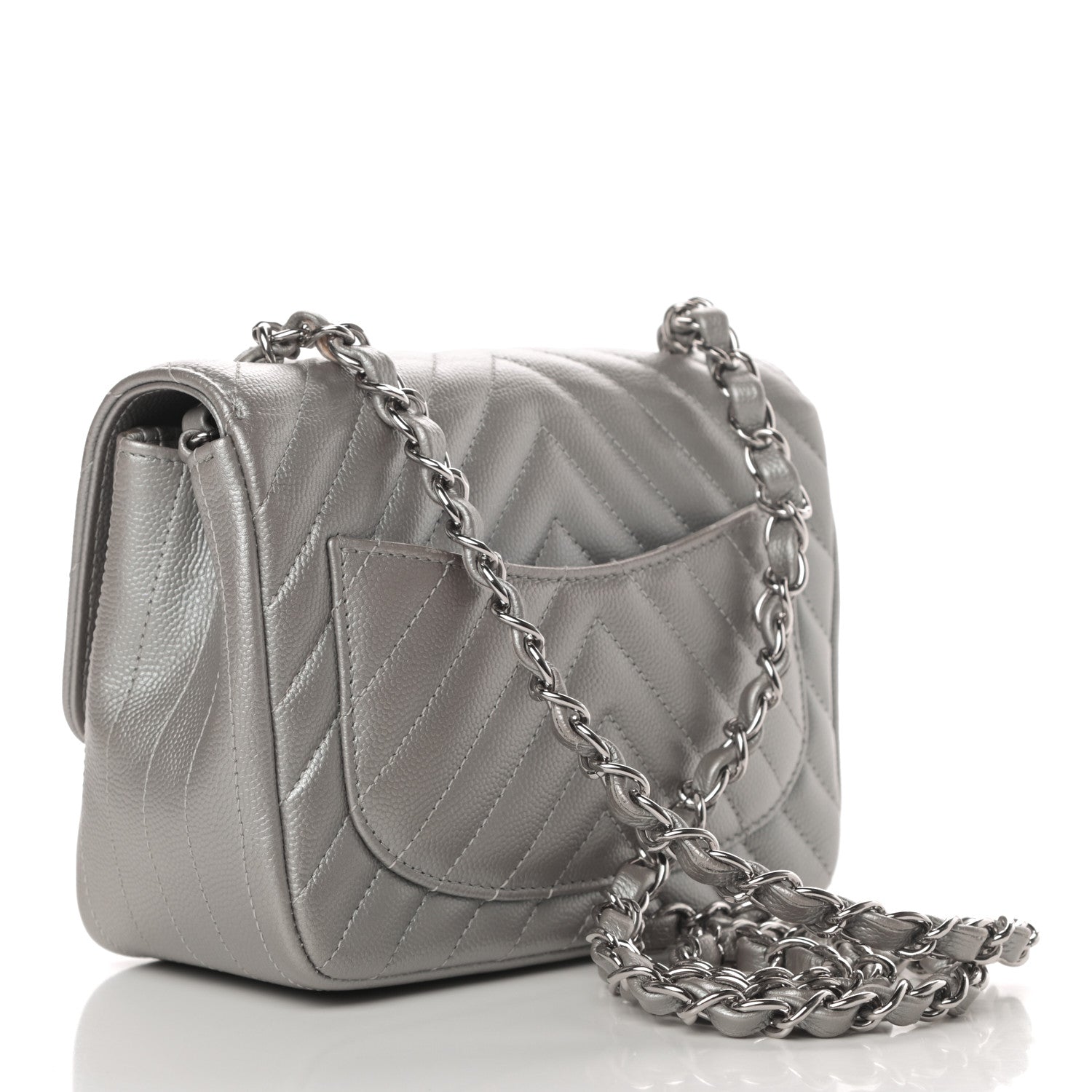 Chanel Metallic Caviar Chevron Quilted Mini Square Flap Silver 3 of 10