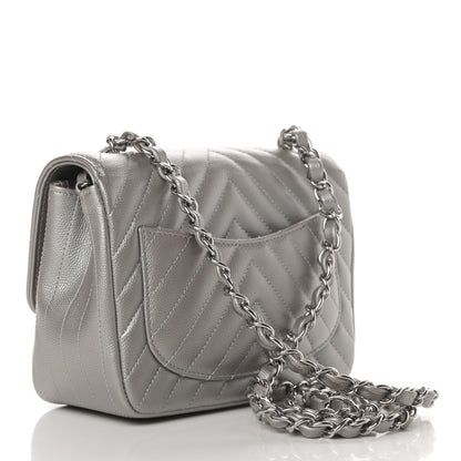 Chanel Metallic Caviar Chevron Quilted Mini Square Flap Silver 3 of 10