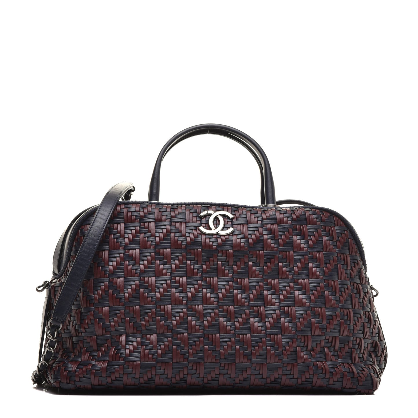 Calfskin Woven Bowling Bag Navy Blue