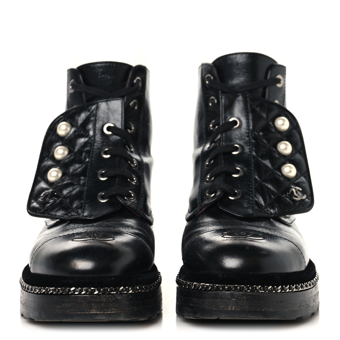 Crackled Calfskin Velvet Pearl Combat Short Boots 37.5 Black