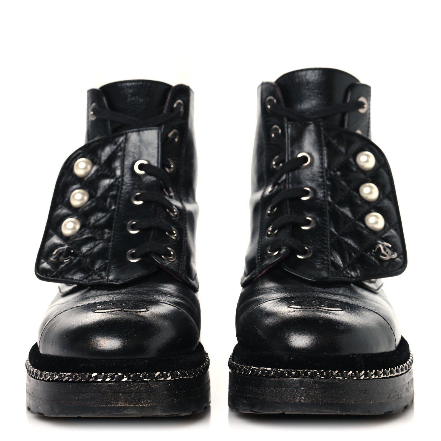 Chanel Crackled Calfskin Velvet Pearl Combat Short Boots 37.5 Black 3 of 9