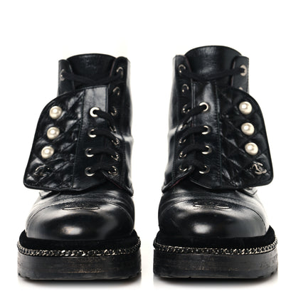 Chanel Crackled Calfskin Velvet Pearl Combat Short Boots 37.5 Black 3 of 9