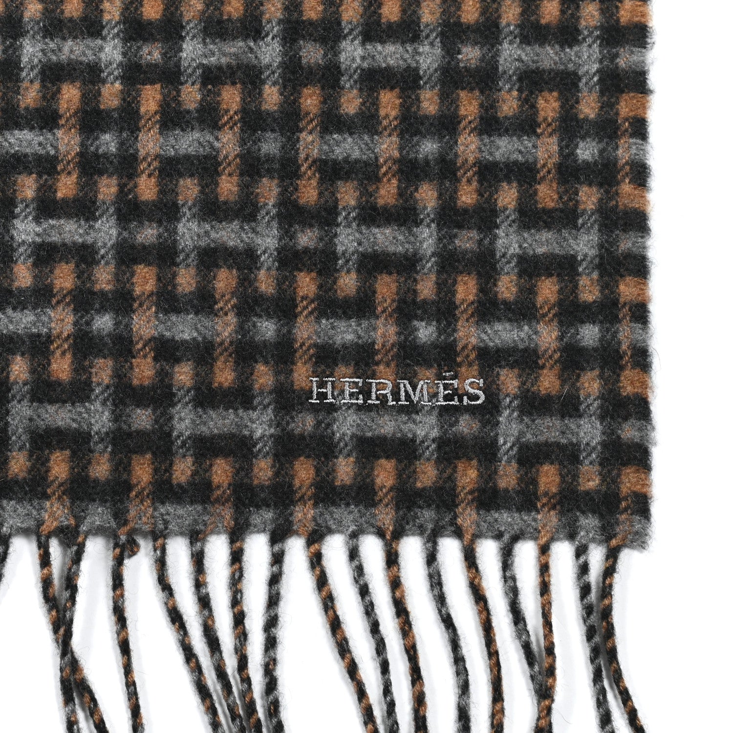 Hermes Cashmere H Ecossais Muffler Black Flanelle Camel 4 of 5