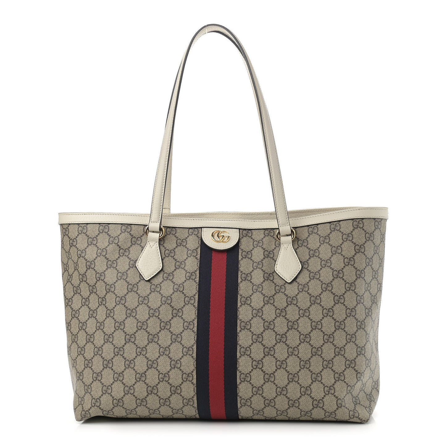 GG Supreme Monogram Textured Dollar Calfskin Web Medium Ophidia Shopping Tote Beige Ebony Mystic White
