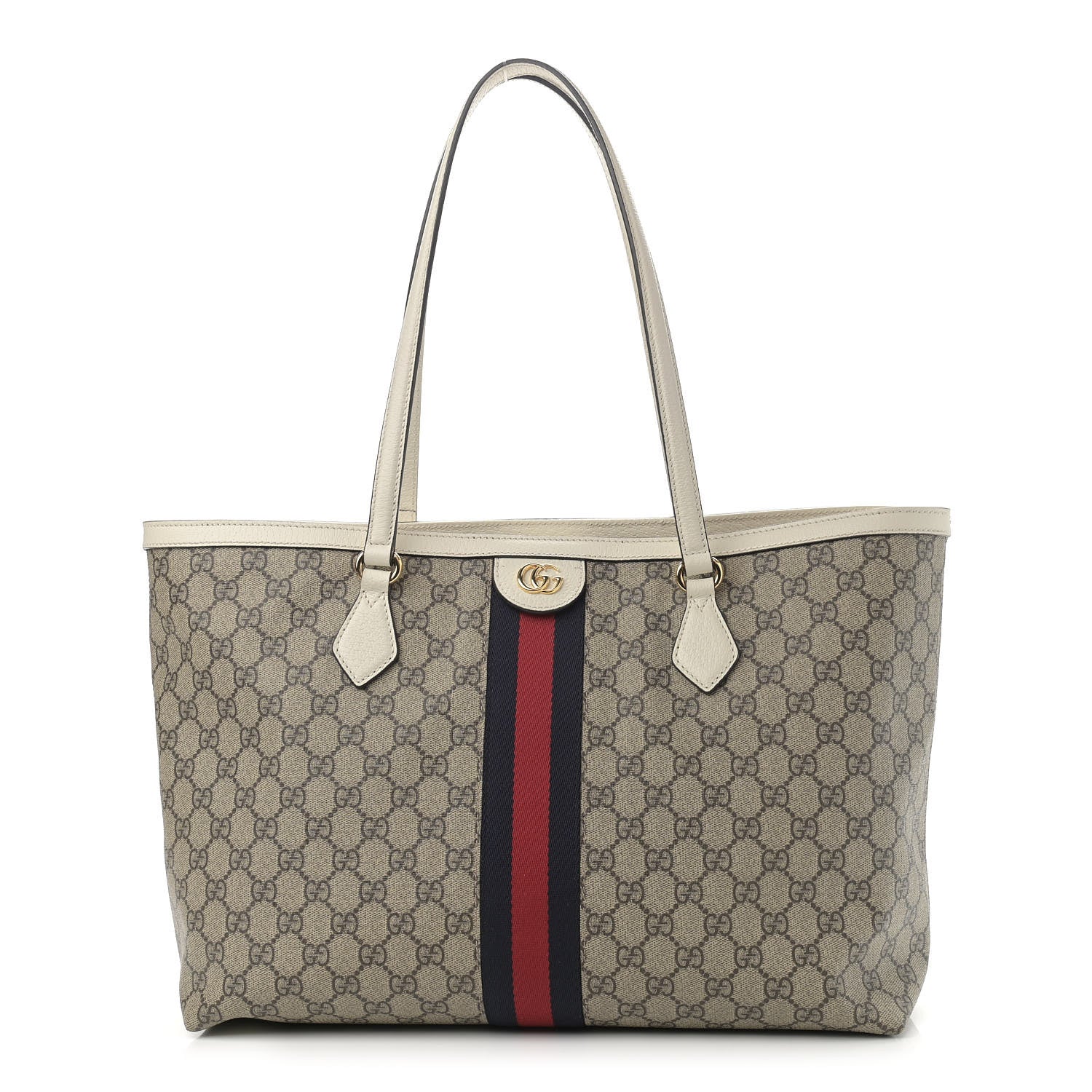 Gucci GG Supreme Monogram Textured Dollar Calfskin Web Medium Ophidia Shopping Tote Beige Ebony Mystic White 1 of 10