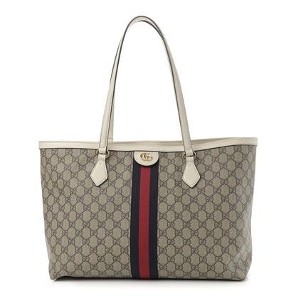 Gucci GG Supreme Monogram Textured Dollar Calfskin Web Medium Ophidia Shopping Tote Beige Ebony Mystic White 1 of 10