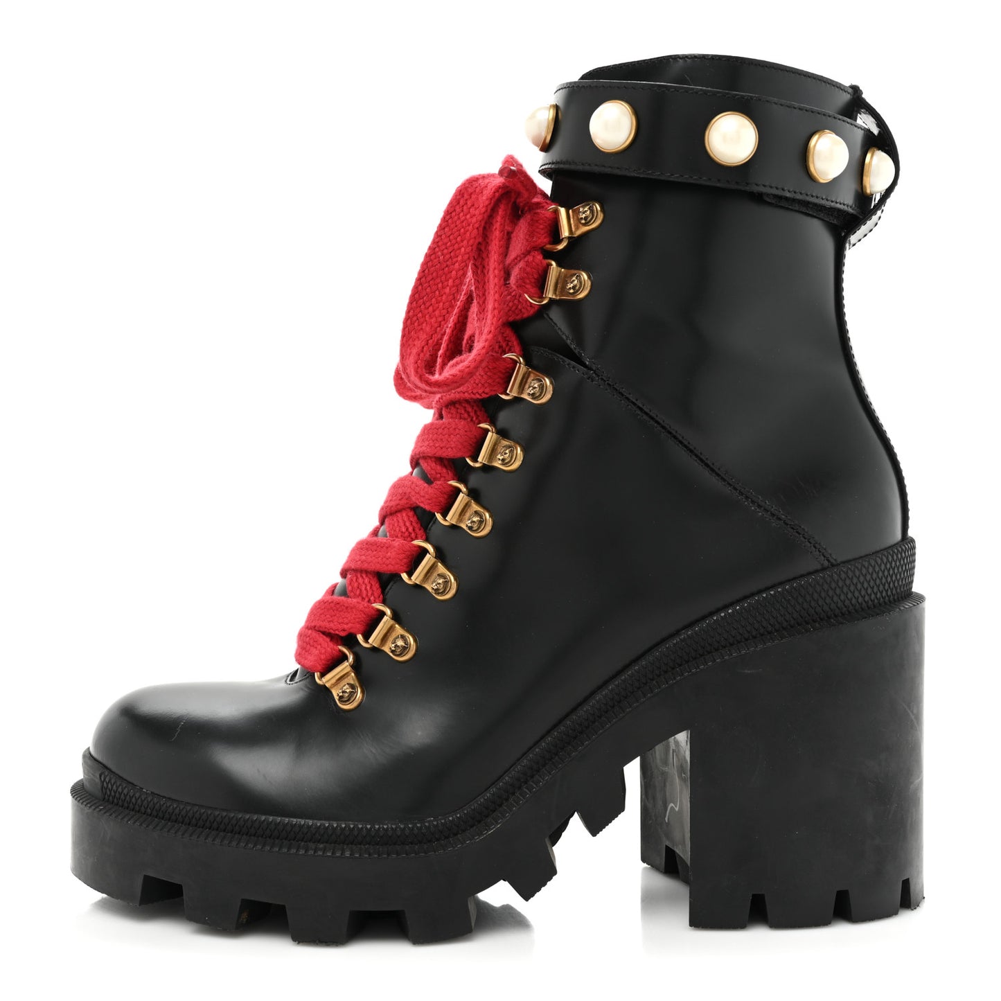 Magnum Calfskin Pearl Lace Up Combat Ankle Boots 39.5 Black Red
