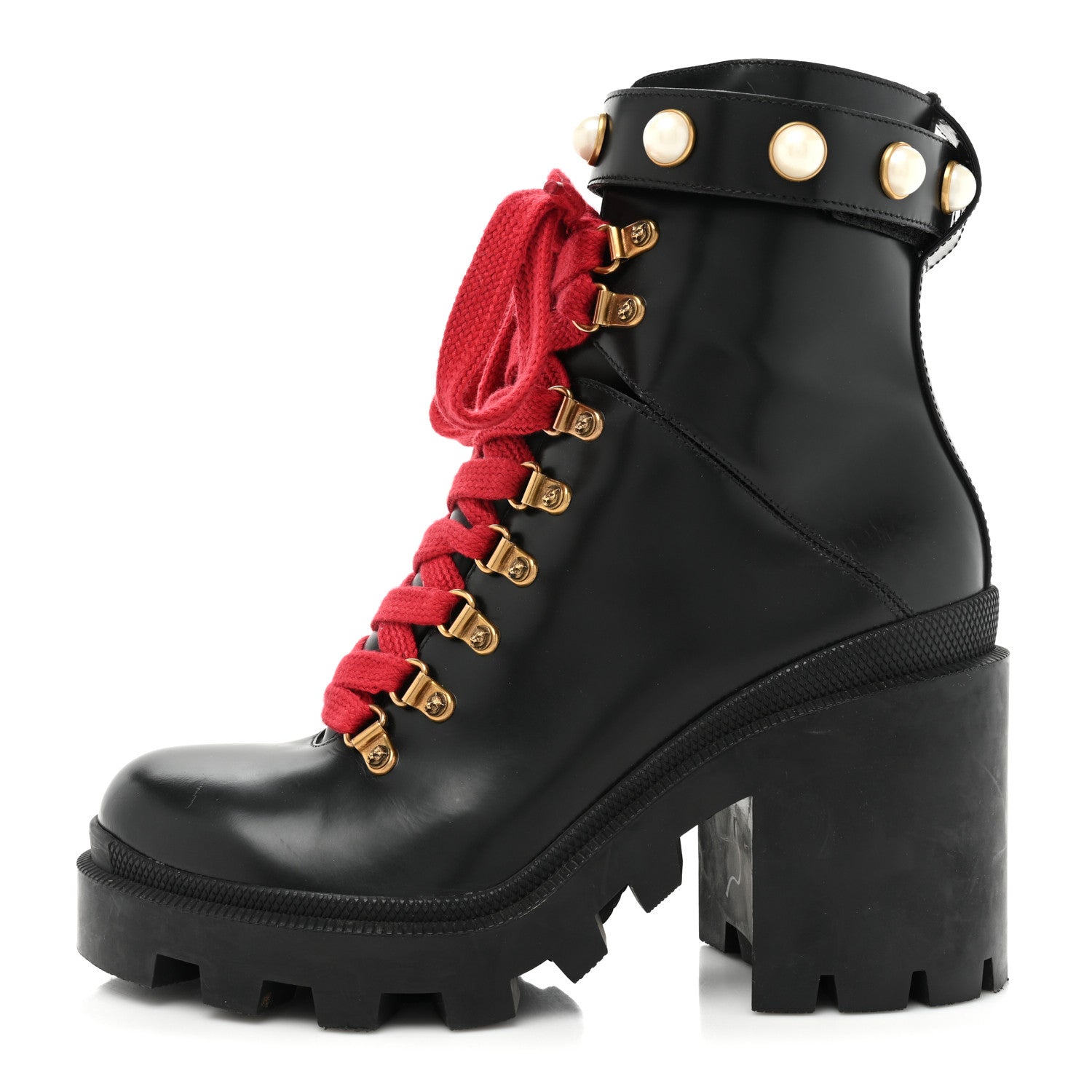 Gucci Magnum Calfskin Pearl Lace Up Combat Ankle Boots 39.5 Black Red 1 of 18