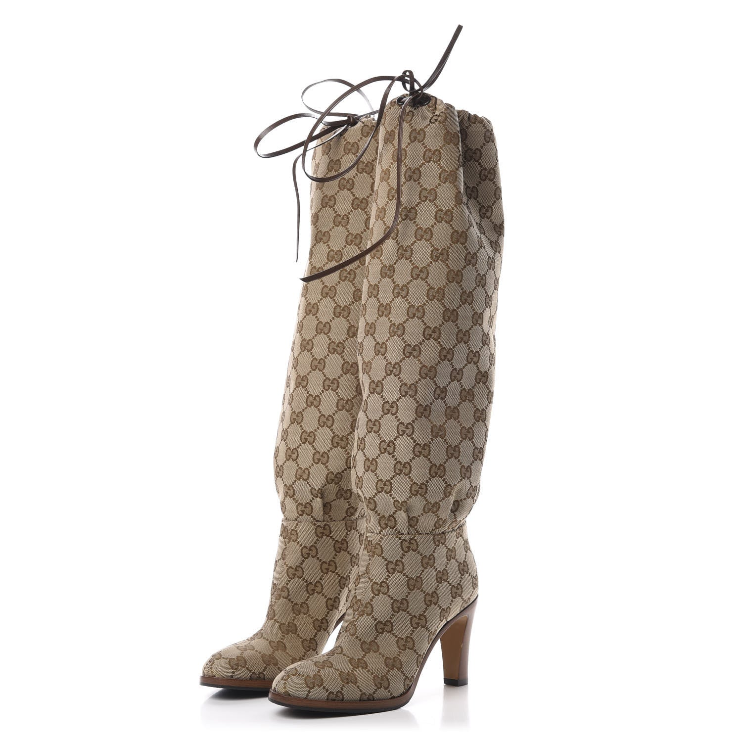 Gucci Monogram Malaga Kid Lisa Mid Heel Boots 35 Beige Ebony 3 of 6