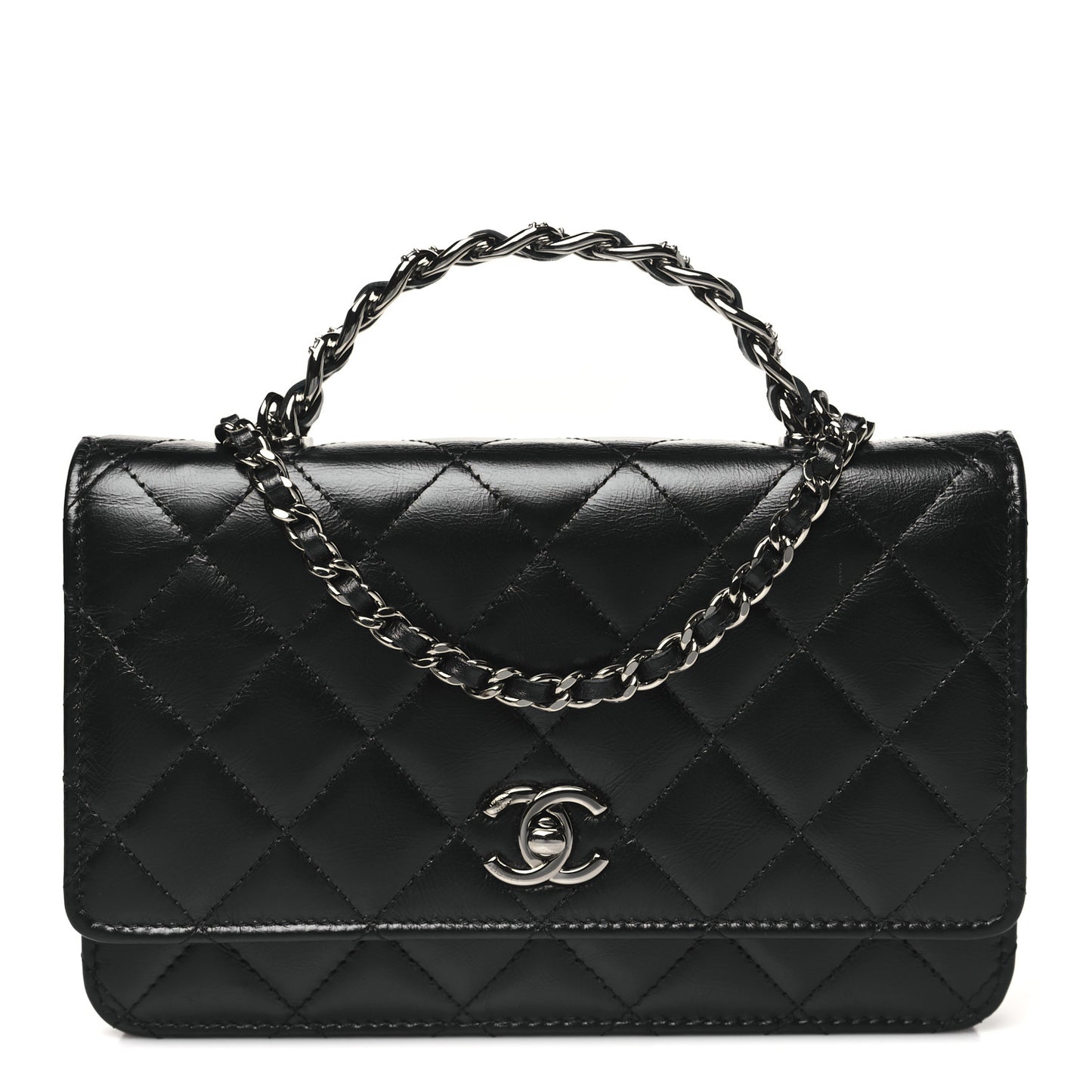 Shiny Crumpled Calfskin Strass Quilted Top Handle Wallet On Chain WOC Black