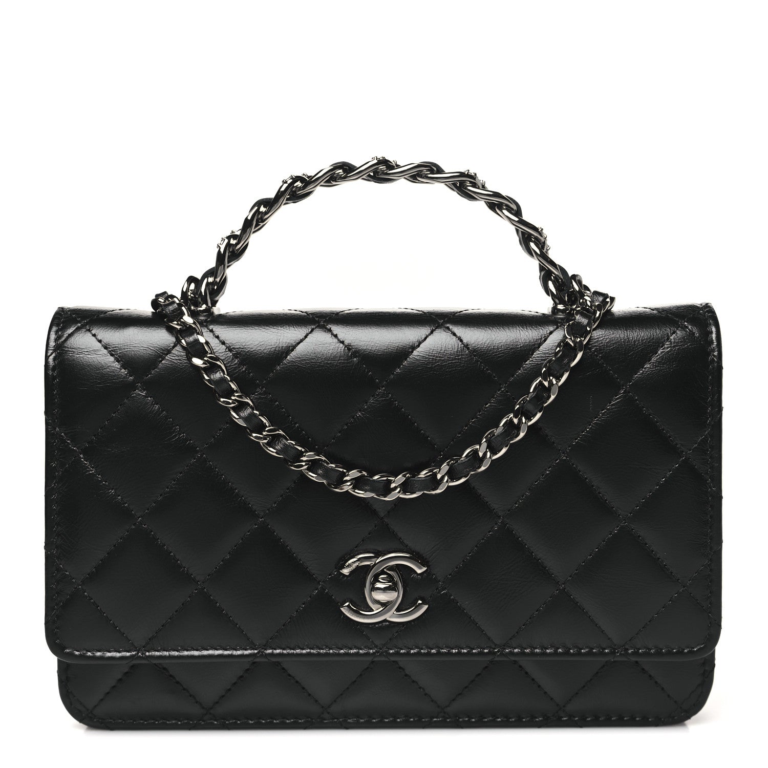 Chanel Shiny Crumpled Calfskin Strass Quilted Top Handle Wallet On Chain WOC Black 1 of 11