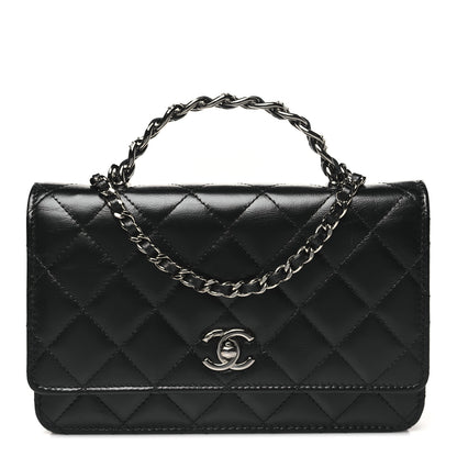 Chanel Shiny Crumpled Calfskin Strass Quilted Top Handle Wallet On Chain WOC Black 1 of 11
