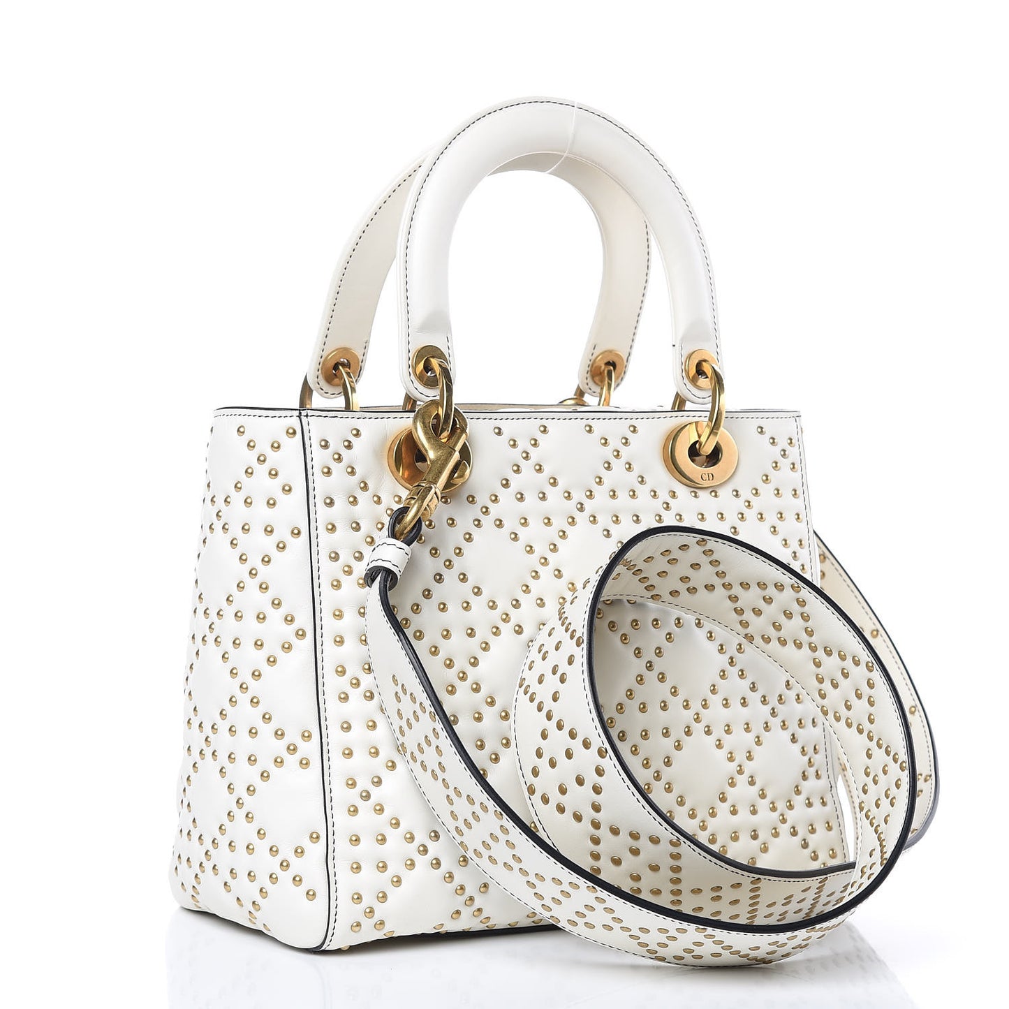 Calfskin Cannage Studded Medium Supple Lady Dior White