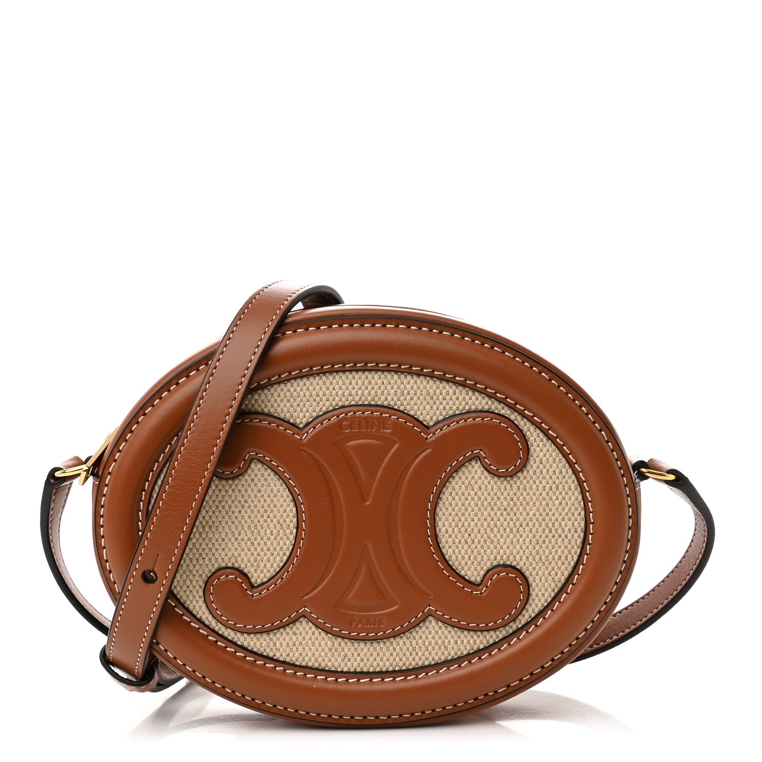 Celine Canvas Calfskin Cuir Small Triomphe Oval Crossbody Purse Natural Tan 1 of 11