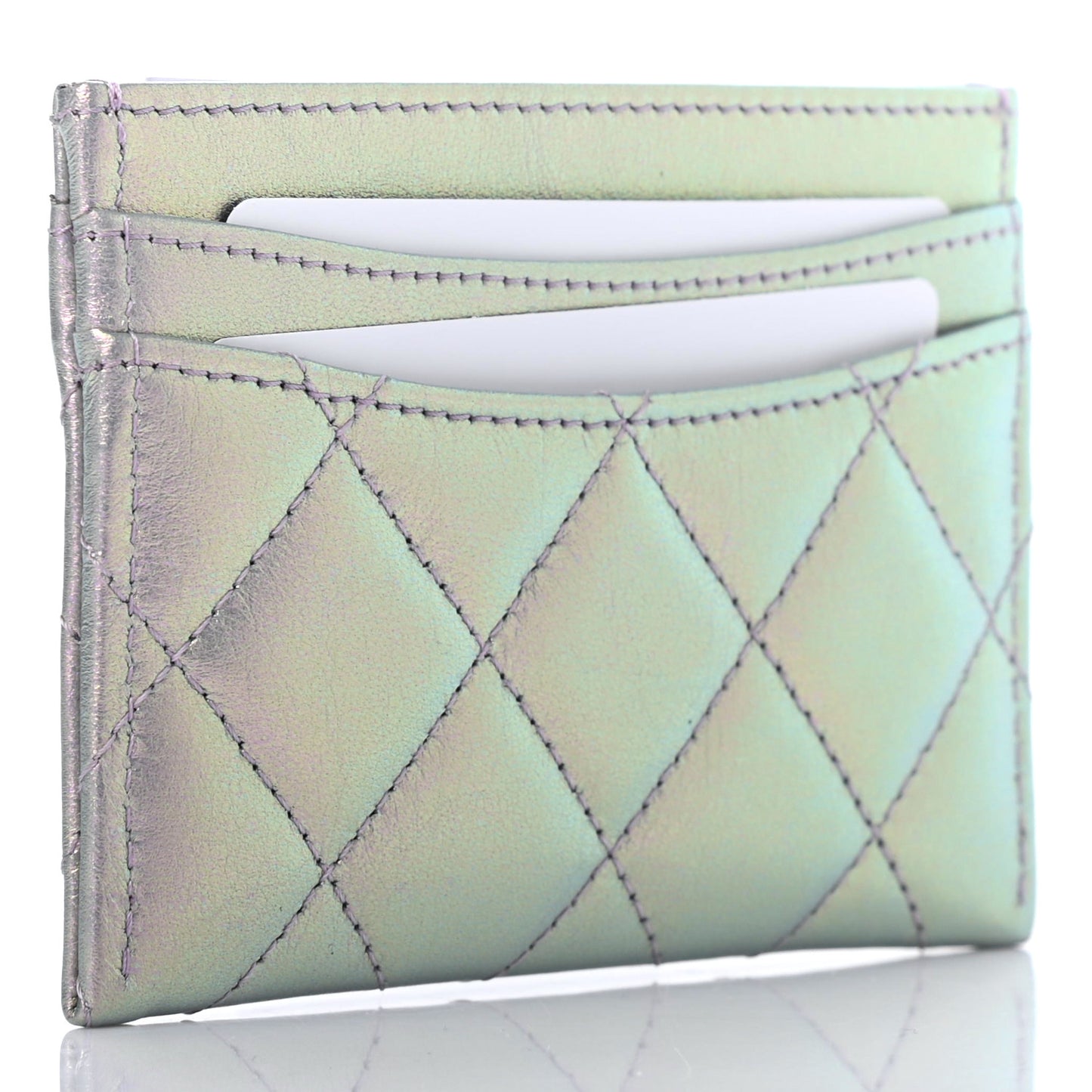 Iridescent Calfskin Quilted Card Holder Light Purple