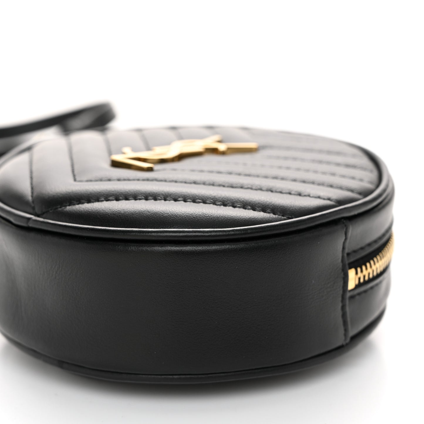 Calfskin Matelasse Chevron Quilted Baby Round Vinyle Belt Bag Black