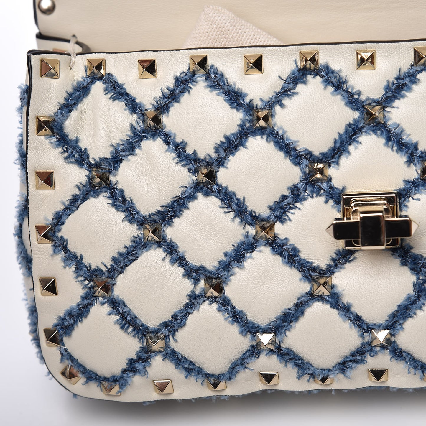 Lambskin Denim Quilted Small Rockstud Spike Shoulder Bag Ivory