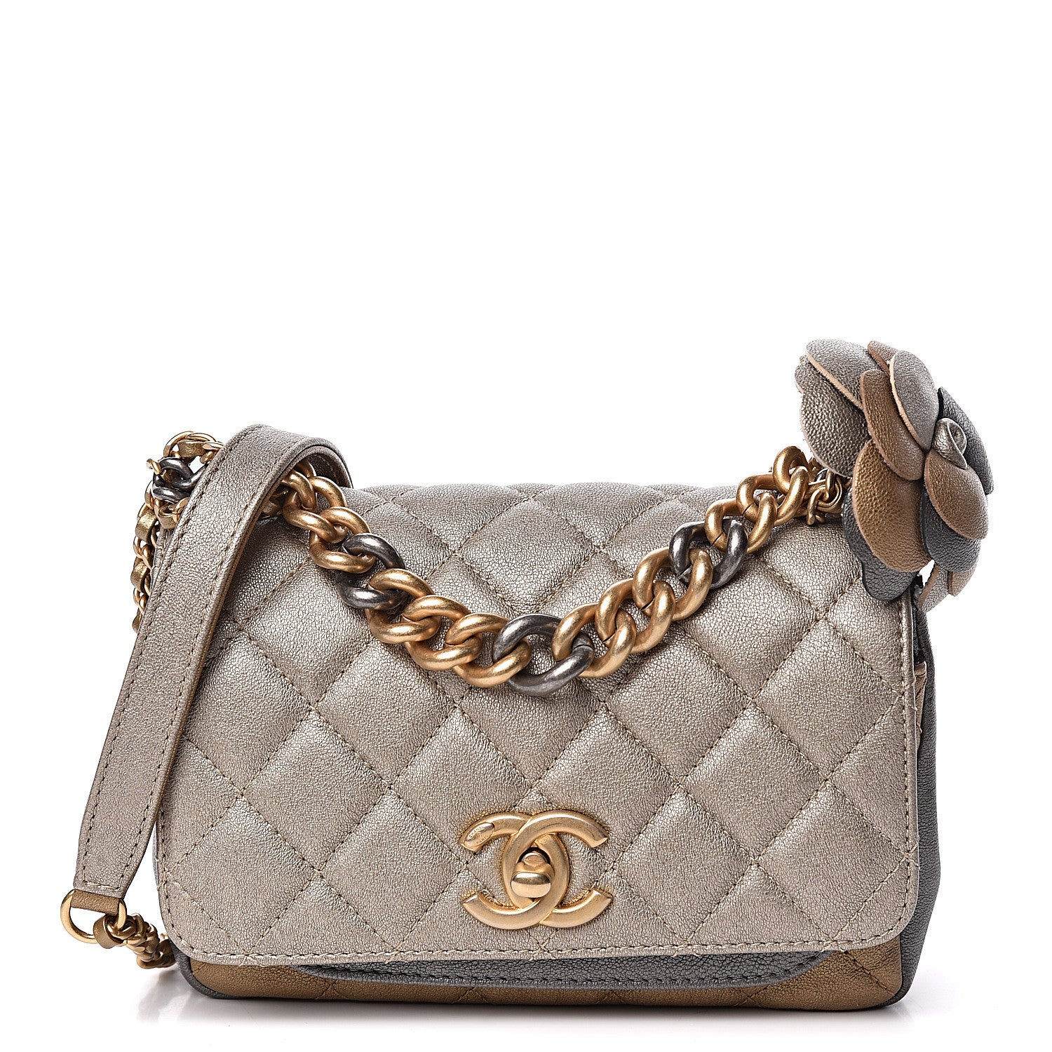 Chanel Lambskin Quilted Private Affair Camellia Flap Pale Gold Silver Dark Gold 1 of 14