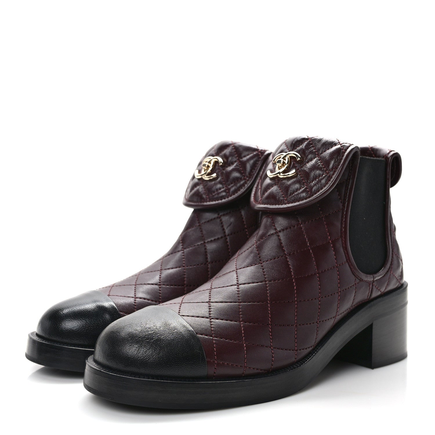 Chanel Lambskin Quilted Cap Toe CC Turnlock Booties 41 Burgundy Black 3 of 8