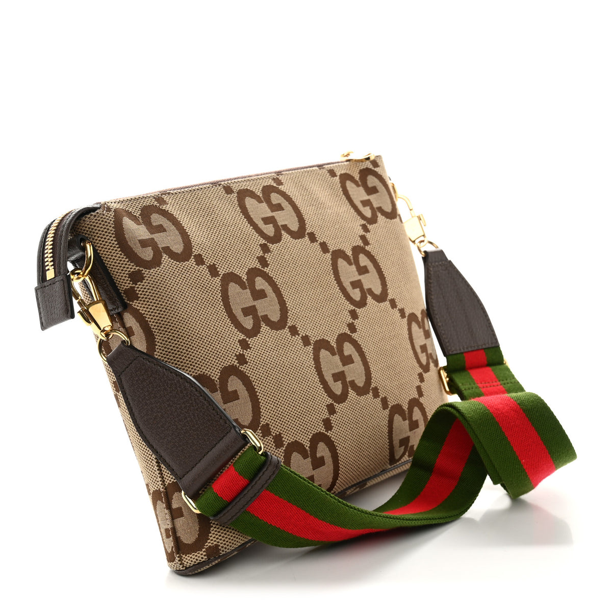 Gucci Monogram Jumbo GG Textured Dollar Calfskin Web Wristlet Messenger Bag Camel Ebony New Acero 3 of 12